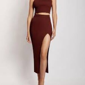 Meshki women’s Arla High Waist Thigh Split Maxi Skirt brown size medium ribbed